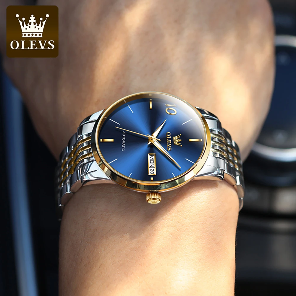 OLEVS 6632 Fashion Mechanical Watch Gift Stainless Steel Watchband Round-dial Wristwatch Week Display Calendar Luminous