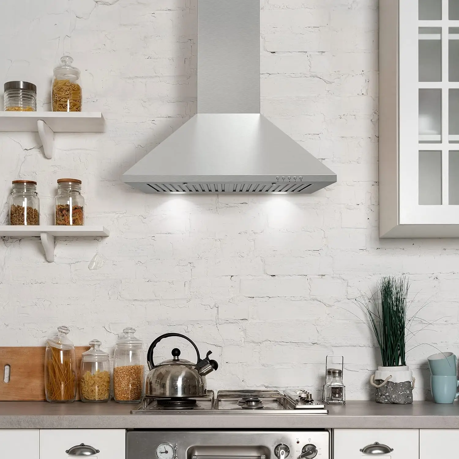 COS-6324EWH Wall Mount Range Hood, Chimney-Style Over Stove Vent, 3 Speed Fan, Permanent Filters, LED Lights in Stainless Steel