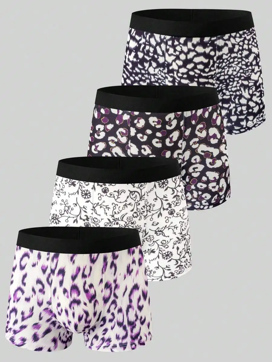 4pcs Mens Digital Print Leopard Pattern Boxer Briefs