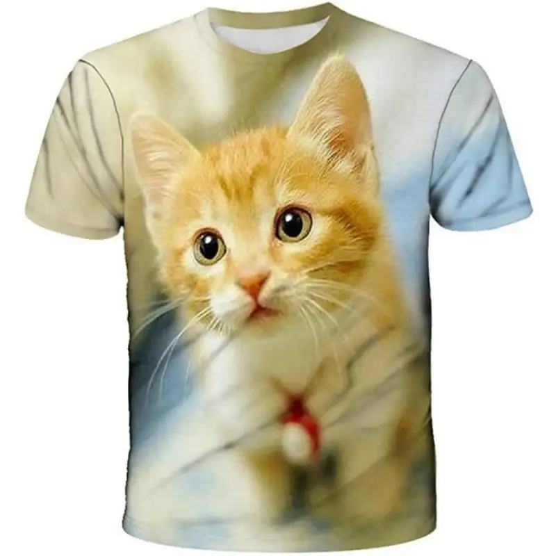 Men Cute Orange Kitten Realistic 3D Print Crew Neck Short Sleeve Casual Tee