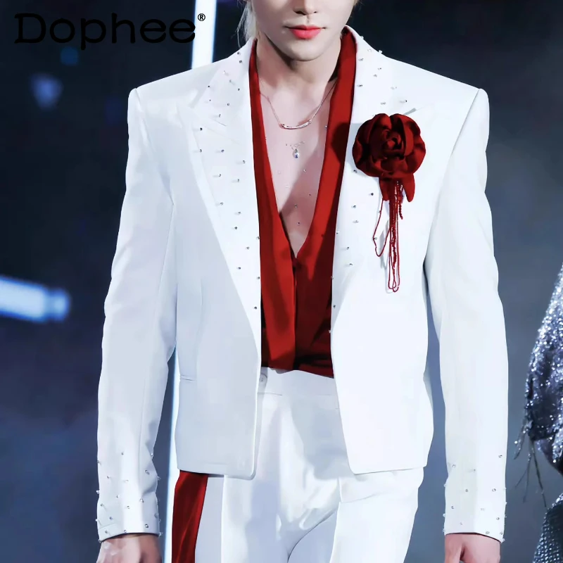 

Gentleman Collar Beaded Red Flower Design Short Suit Jackets 2025 Men's Autumn New High-end Blazers Handsome Chic Tailored Coats