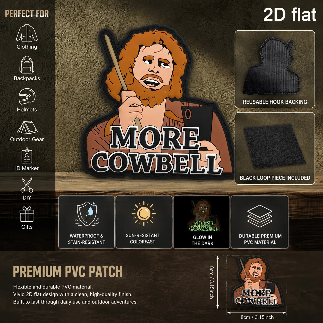 More Cowbell Curly-Haired Drummer Character Luminous Badge 2D Flat Pvc Material Velcro Patch Free Backing Optional Specifications 1Pc 2Pcs 3Pcs Layered 3D Embossed Edge Durable Decoration Accessory for Functional Jackets