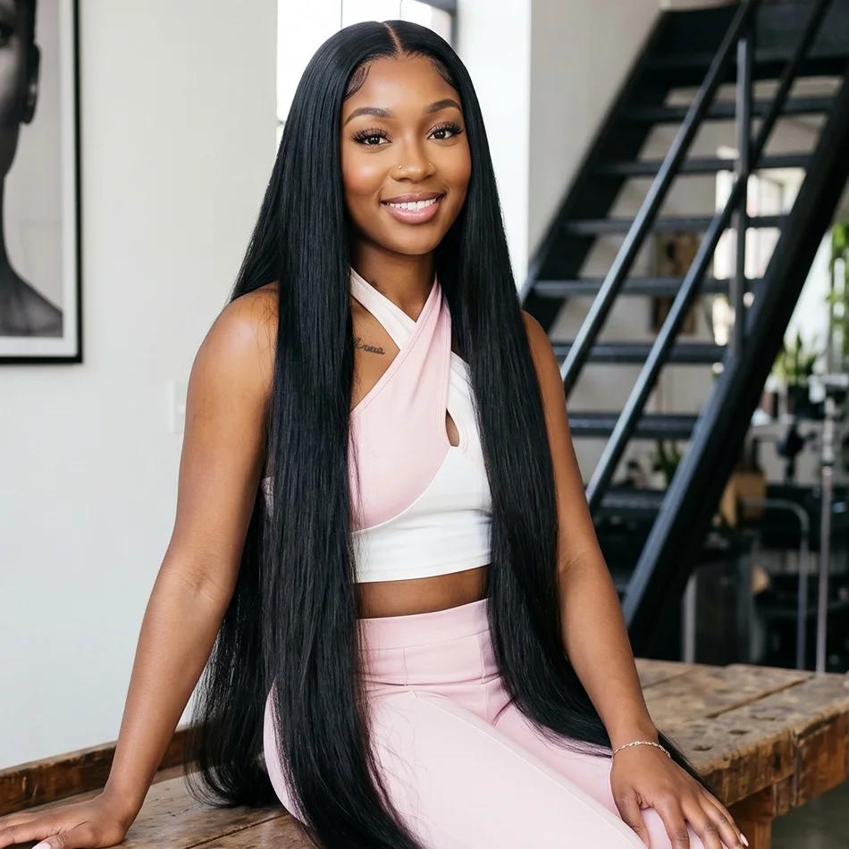 

Luxury Natural Black 40 Inch Extra Long 250% Density 13x6 HD Lace Frontal Bone Straight Silky Soft 13x4 Remy Human Hair Wigs Pre Plucked Hairline Invisible Bleached Knots Wear and Go 5x5 Glueless Closure Thick Ends