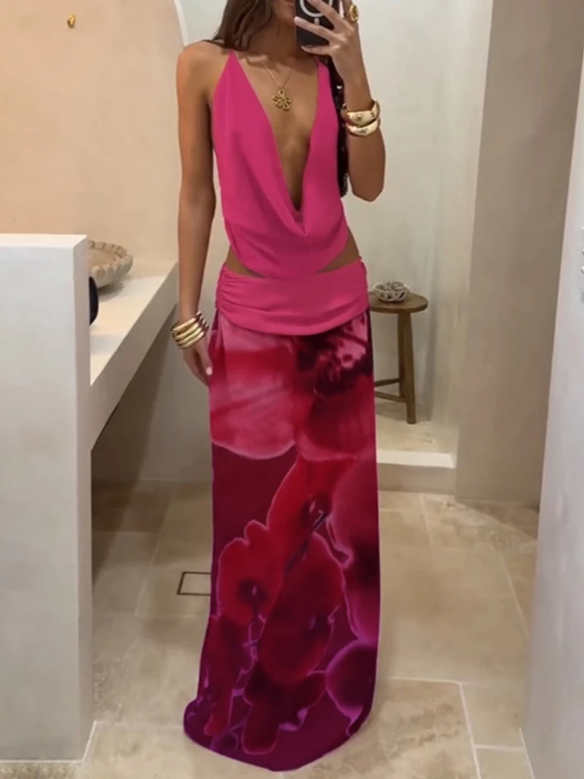 

SsTss Sexy 2 Pieces Dress Women Summer Halter Swinging Collar Sleeveless Backless Camis Top and Printing Mesh Long Skirt Suits