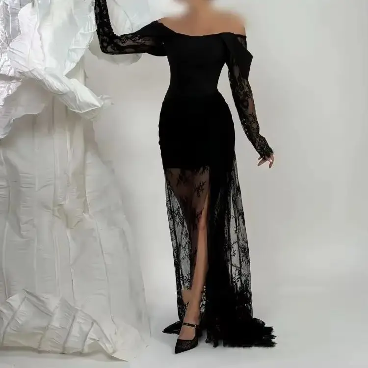 MD Elegant Lace Prom Dresses Off Shoulder Appliques Long Sleeves Formal Dress Side Slit Backless Ball Gowns Customized 2025