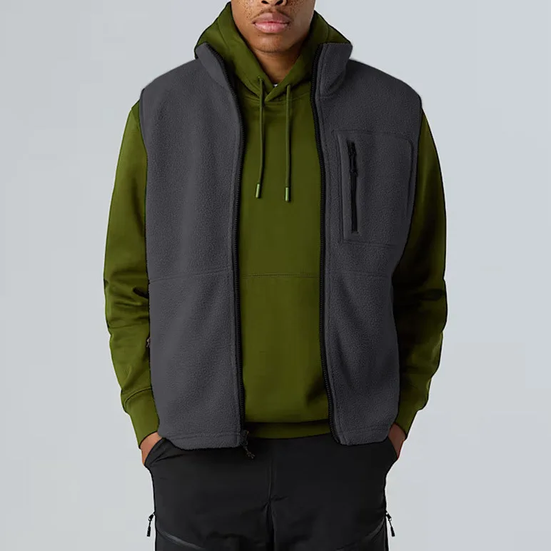 Men Fleece Vest Stand Collar Zip Up Sleeveless Gilet Multi Zipper Pockets Warm Outdoor Casual Winter Autumn Waistcoat Outerwear