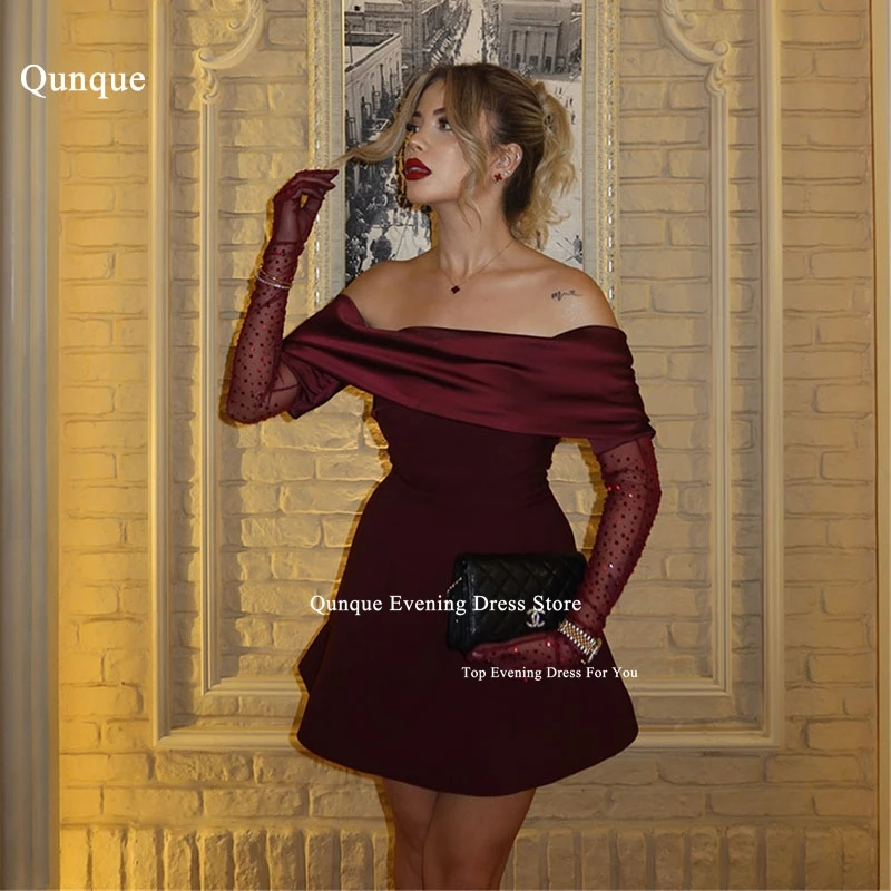 

Qunque Fashion Burgundy Satin Short Prom Dresses Off The Shoulder Evening Dress Sexy Above Knee Vestidos De Fiesta Customized