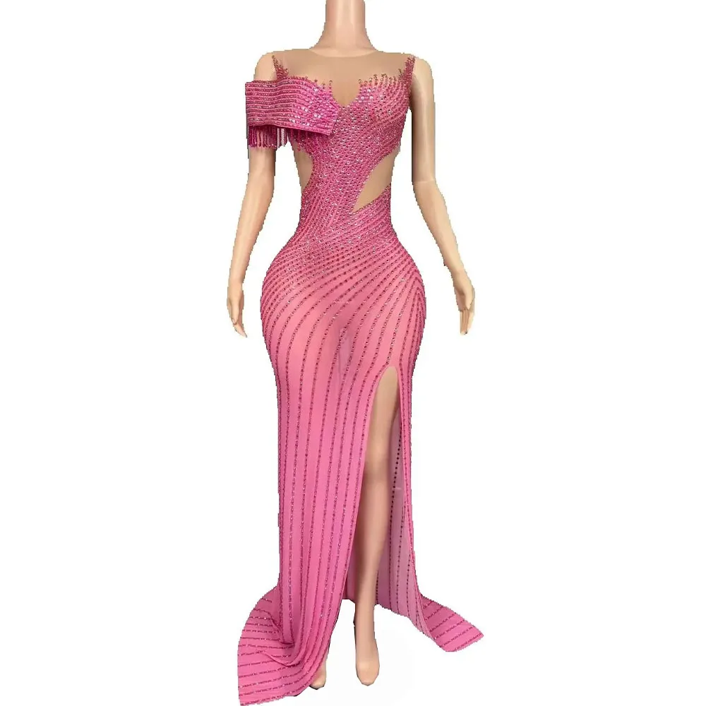 우아한 라인스톤 스플릿 롱 드레스 여성 섹시 메쉬 시스루 이브닝 파티 생일 드레스 촬영 무대 의상
