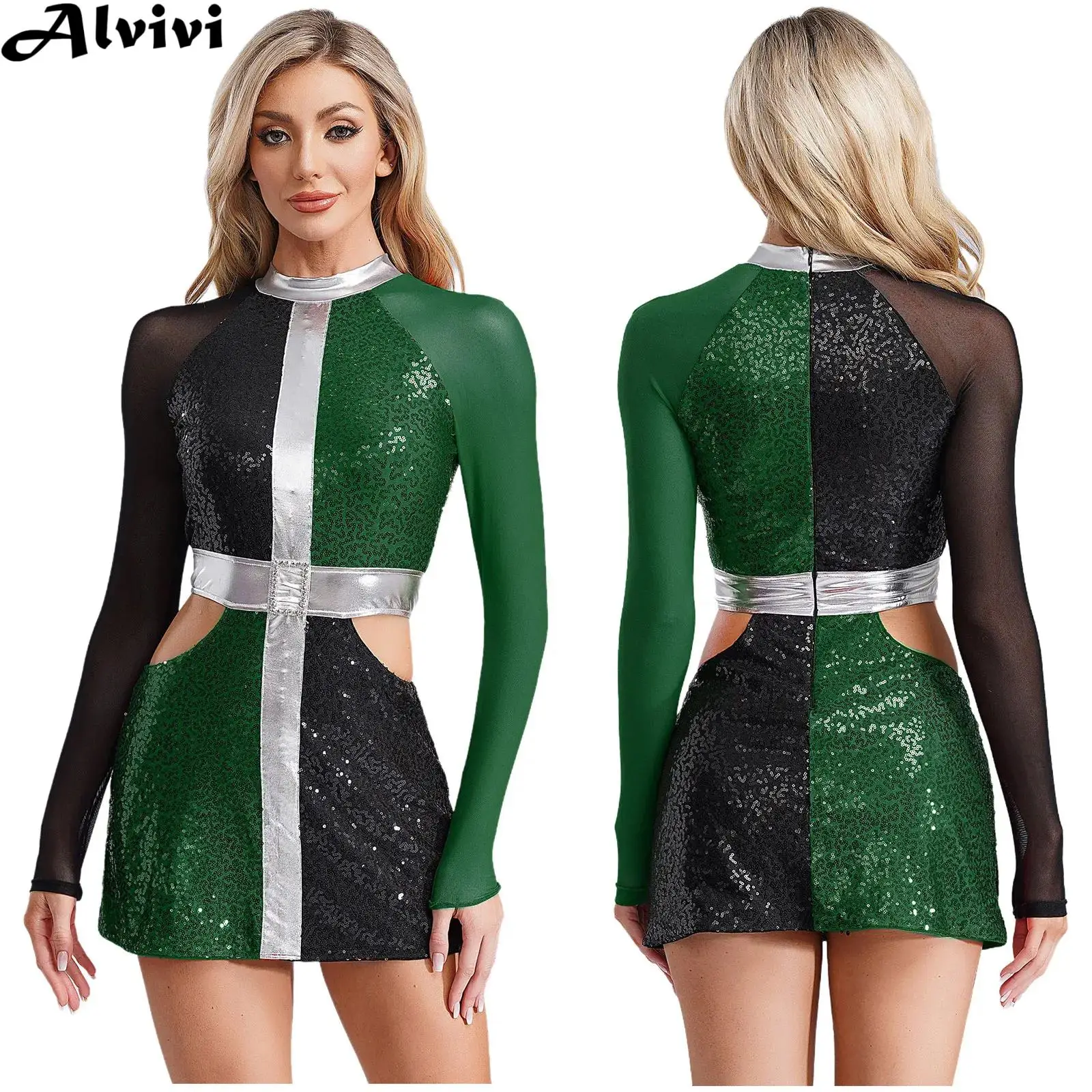 

Женский качающийся костюм для диско-танца 60-х годов, прозрачное сетчатое платье с длинными рукавами и блестками, платье с вырезом для Хэллоуина, карнавала, тематической вечеринки