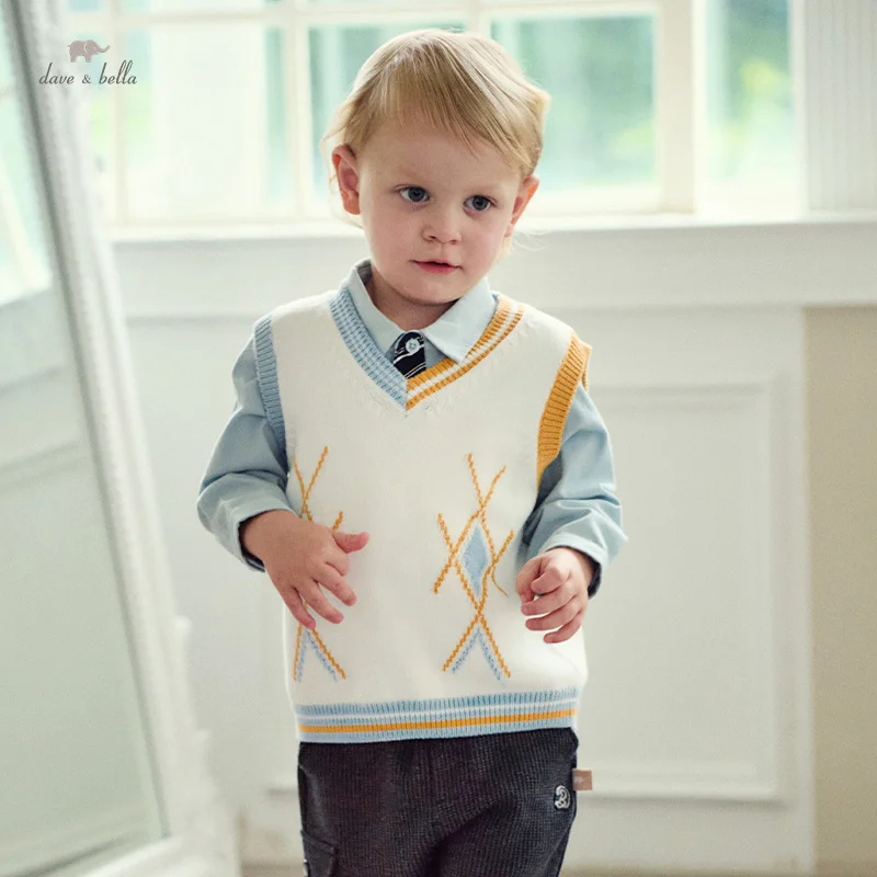 Dave Bella Kids Cotton Vests Boys Girls School Uniform Waistcoat Casual Sweater Vest V Neck Children Autumn Clothing DB3242014