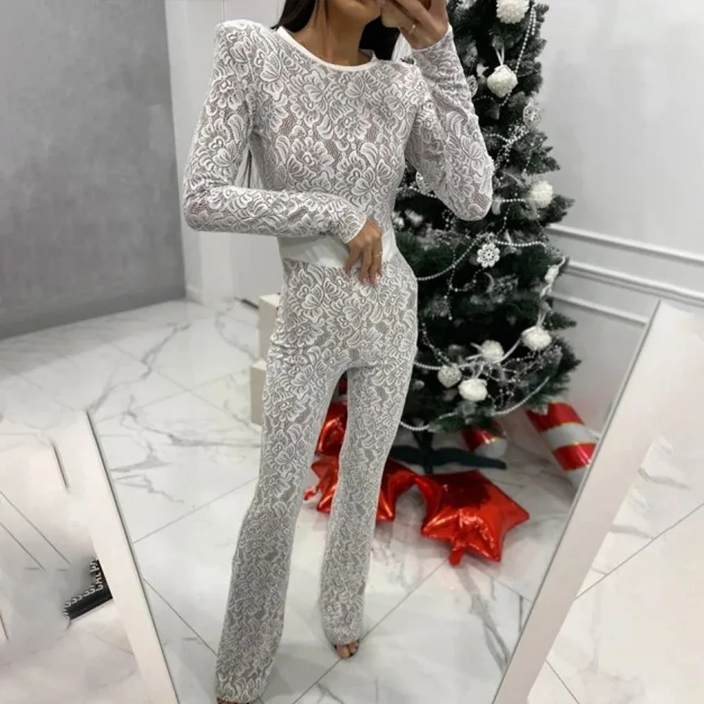 DSMTRC Female New Winter Skinny Party Club Outfit Black Long Sleeve Print Floral Playsuit Women Elegant Round Neck Lace Jumpsuit