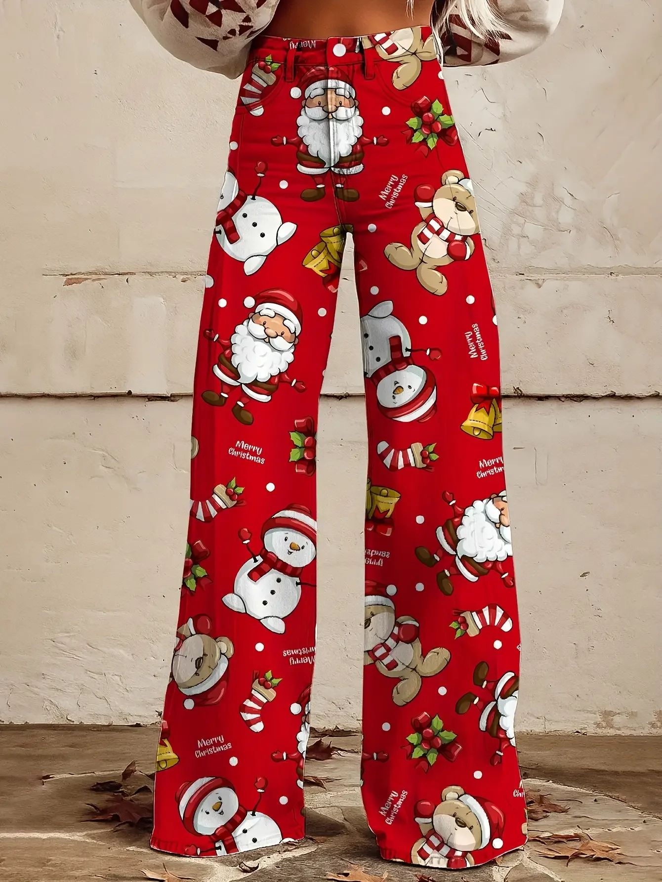 Ladies' imitation denim pants featuring Santa Claus, snowflakes, pine cones, and star patterns for autumn and winter