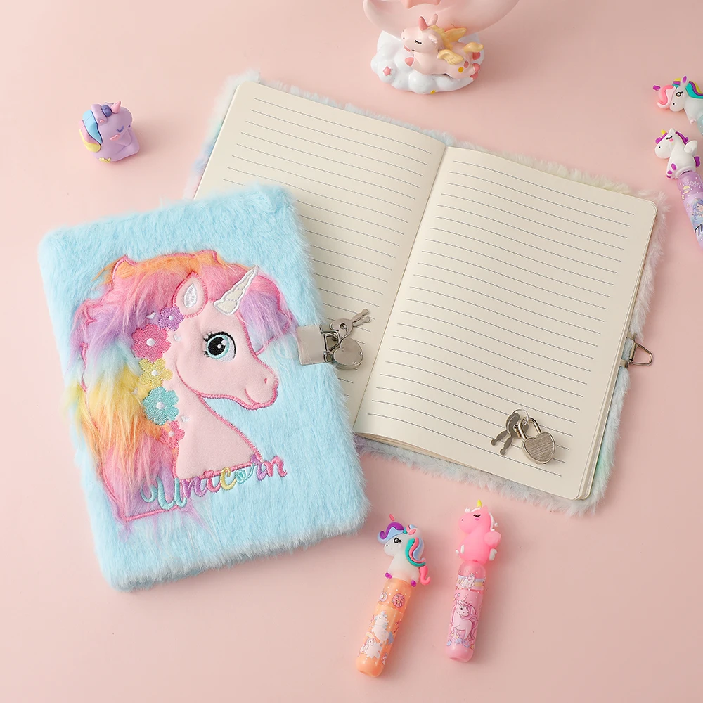 2023 New Cartoon Plush Locked A5 Notebook for Children\'s Cute Unicorn Diary Book Student Gift Reward