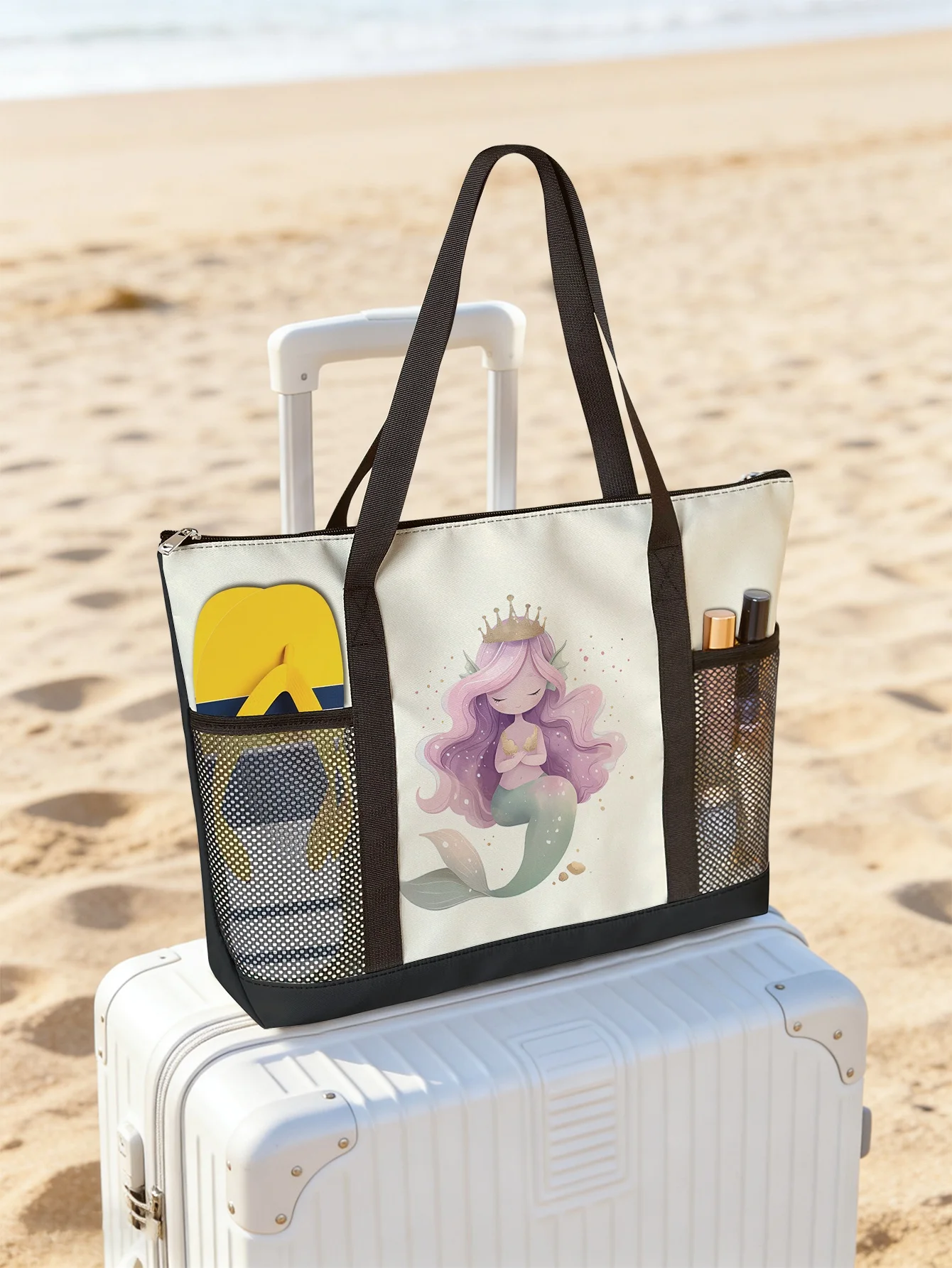 

Mermaid printed handbag, large capacity women's beach bag, waterproof travel shoulder bag with mesh pockets