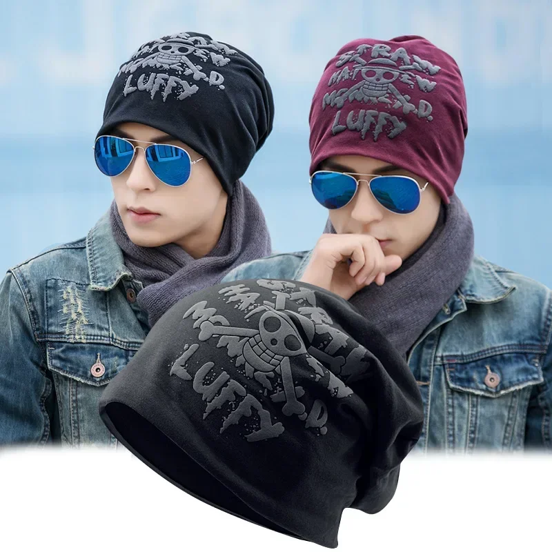 ONE PIECE Beanie Hat Anime Luffy Winter Knitted Hat Men Thicken Warm Brimless Fur Bonnet Cap Women Hip Hop Ski Bonnets Hats Gift