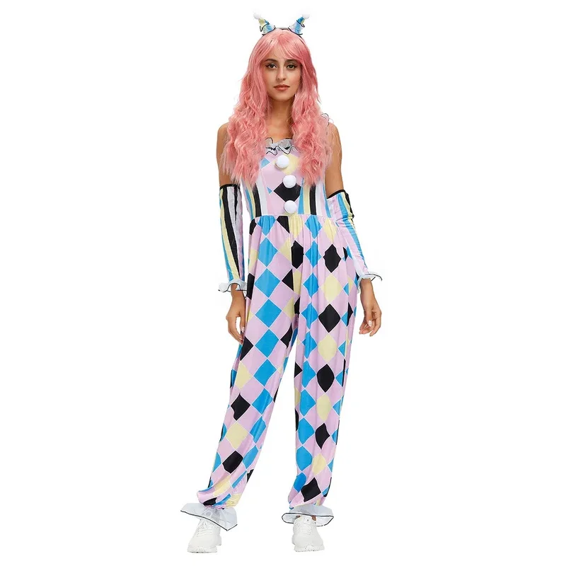 

asdh8@Halloween Circus Clown Costumes for Women Colorful Diamond Print Jumpsuits with Matching Headband and Gloves for CosplayCO