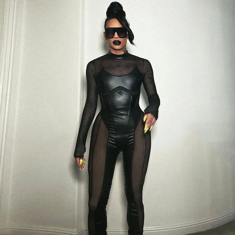 

Black Women Fashion Splicing Mesh Round Neck Long Sleeve Jumpsuit Streetwear Gothic Punk Style Cosplay Tight Bodysuit