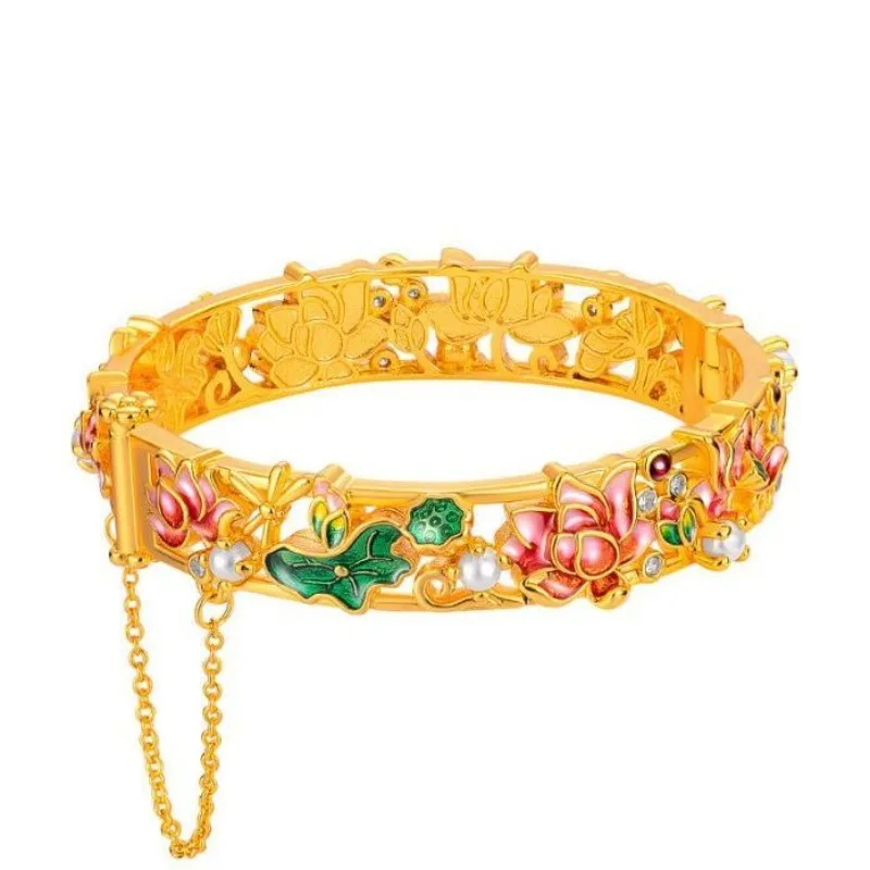 

Новое поступление, винтажный китайский Cloisonibles, эмалированный регулируемый открытый браслет в форме лотоса, позолоченный песочный золотой подарок в королевском этническом стиле для нее