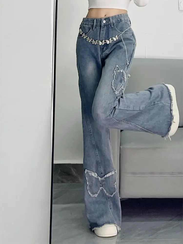 Retro American  Embroidery Jeans Women's Spring Autumn High Waist Slimming Micro Flared  Hoof Long Pants