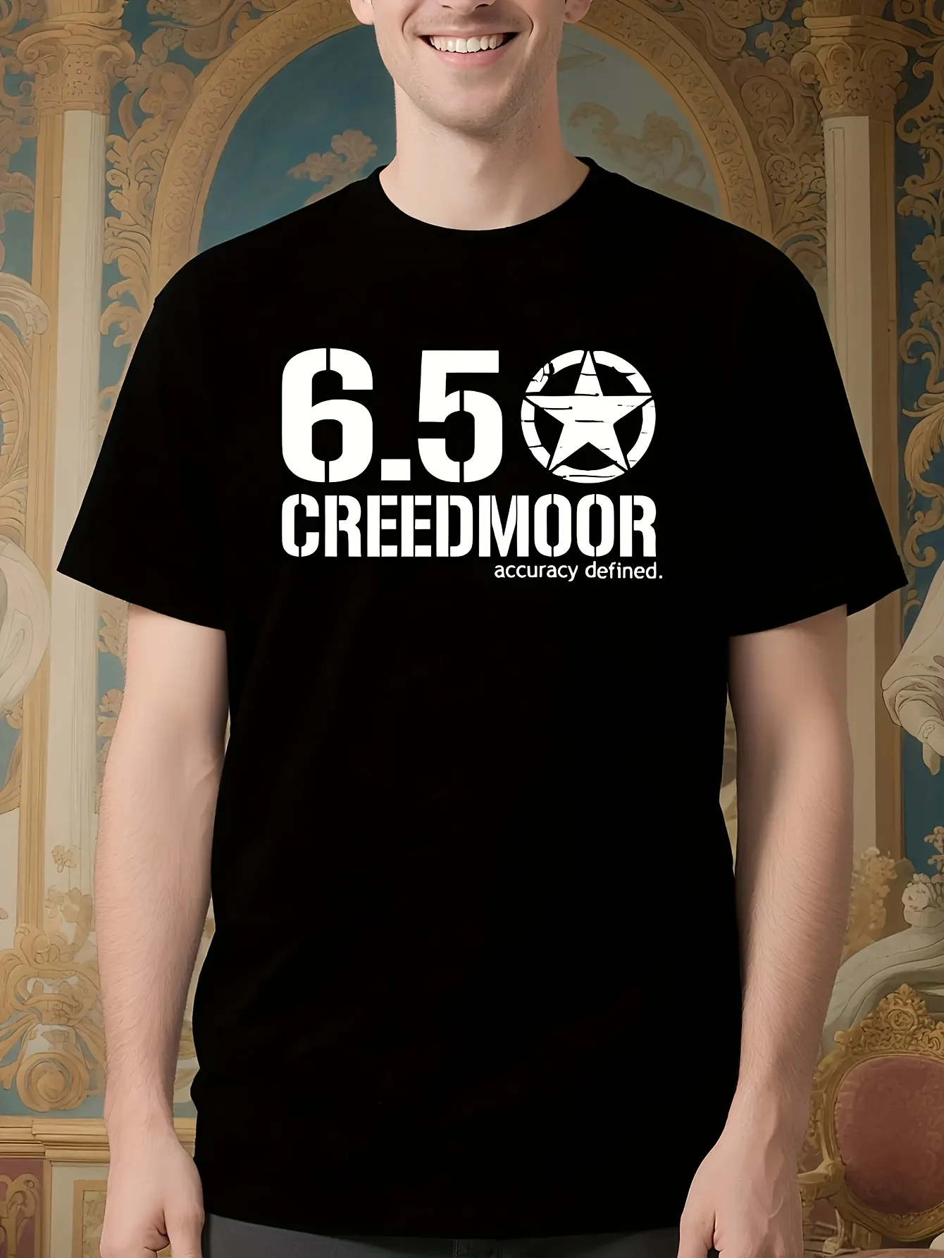 2026 Men's 6.5 Creedmoor Long-Distance Shooting T-Shirt - Black with White Print, Crew Neck Casual Tee, Suitable for All Seasons