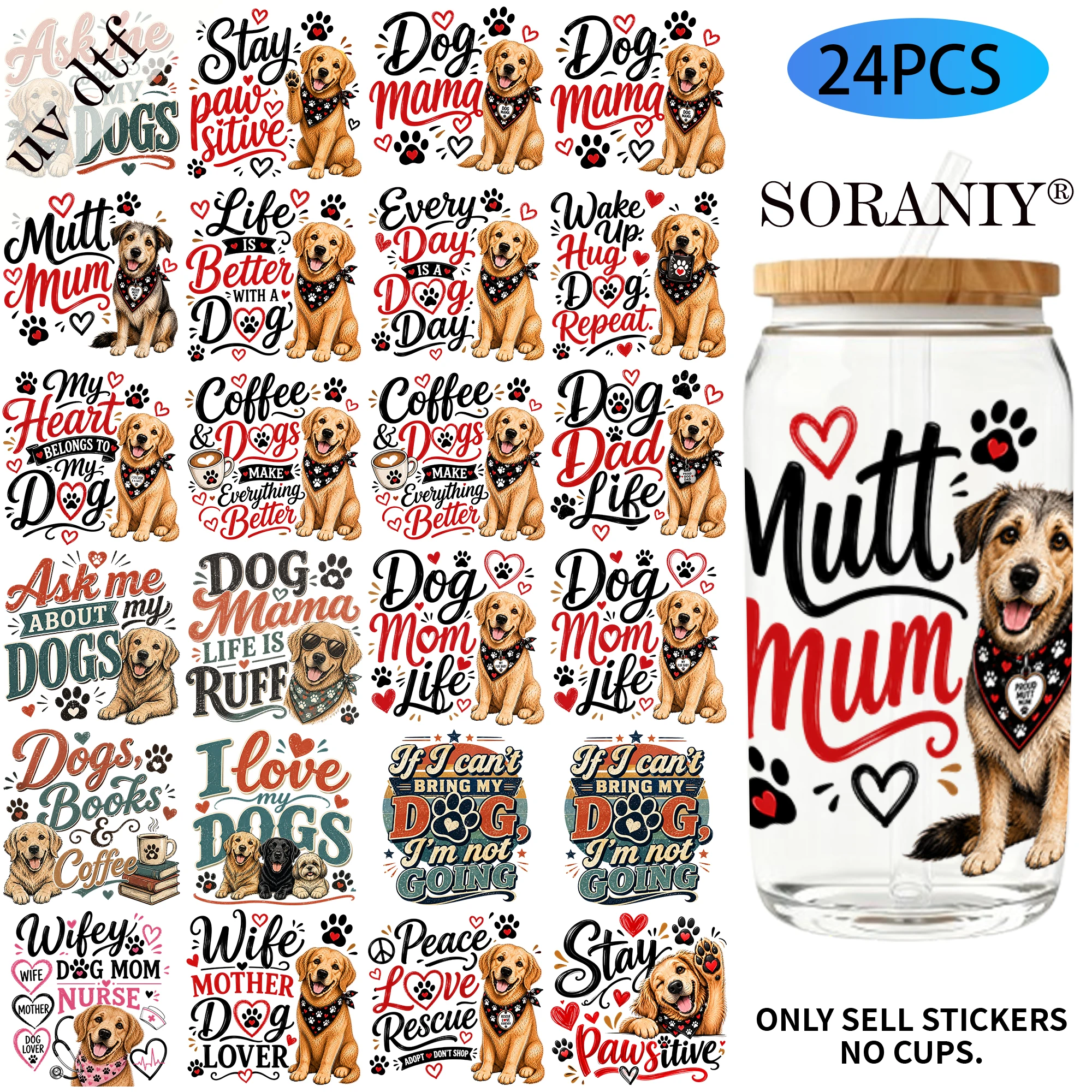 24PCS/Set Funny Dog Quotes Dog Lover Themed UV DTF DIY 16OZ Transfer Stickers Water Bottles Glass Bottles Laptops Home Decoratio