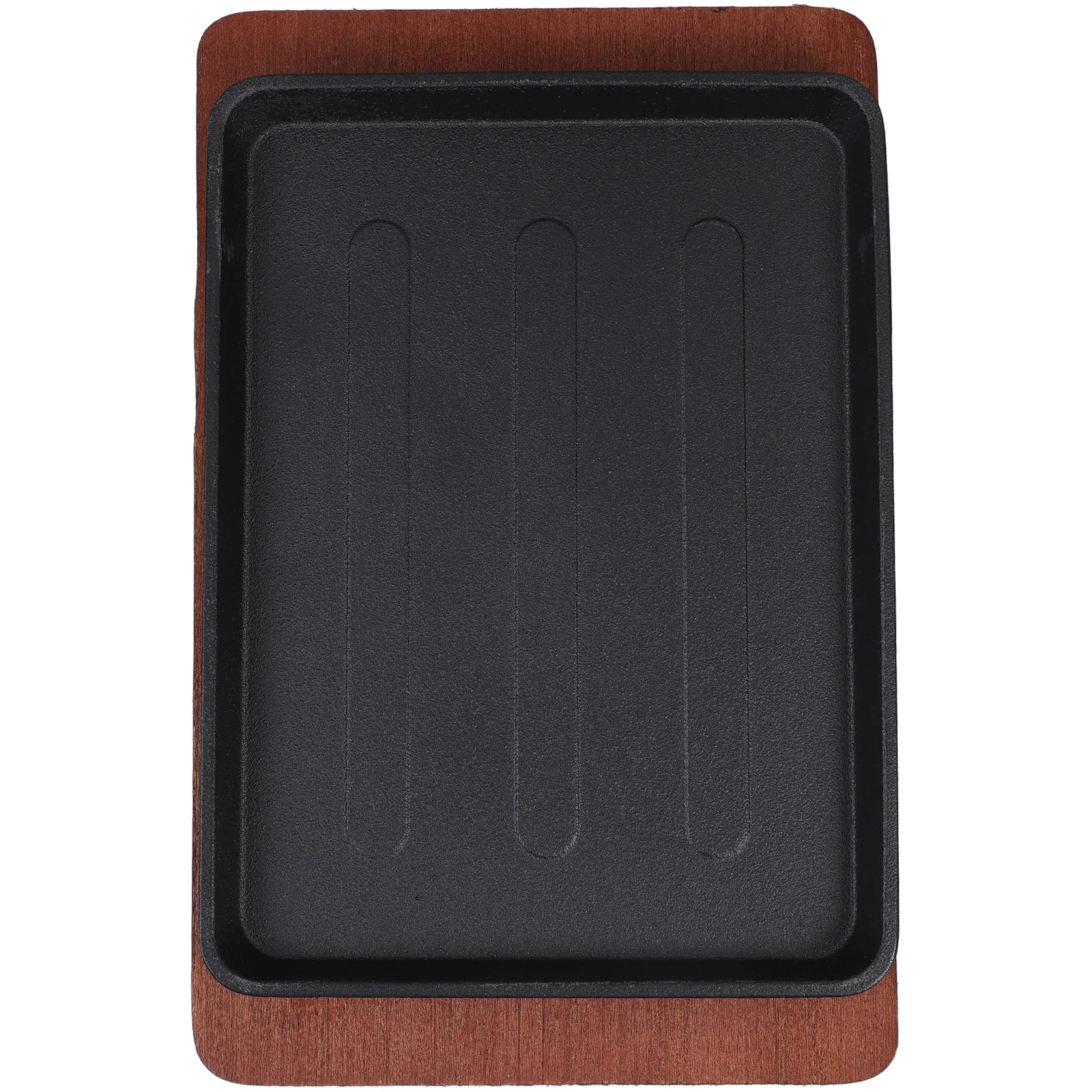 

Rectangular Cast Iron Fajita Skillet 12 Inch Non Stick Steak Plate Home Cooking Wood Base Sizzling Serving Platter Kitchen