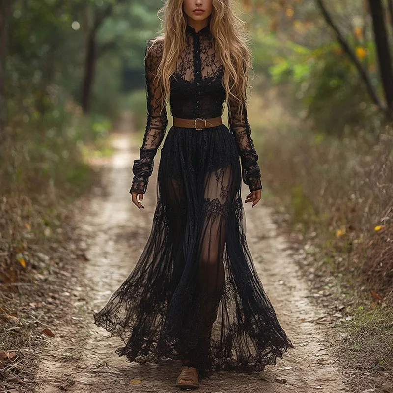 

Women Elegant Long Sleeve Zipper Maxi Dress Chic Lace Jacquard Hollow Out Party Dress Spring Autumn Black Sexy O-Neck Prom Dress