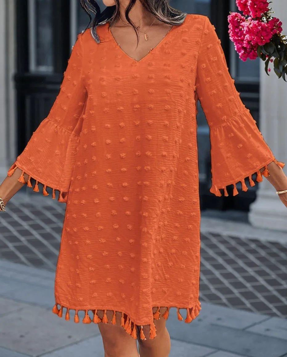 Robe Simple et élégante pour femmes, couleur unie, décontractée, col en v, manches évasées, pompon, décorative, ample, nouvelle collection printemps et automne 2025