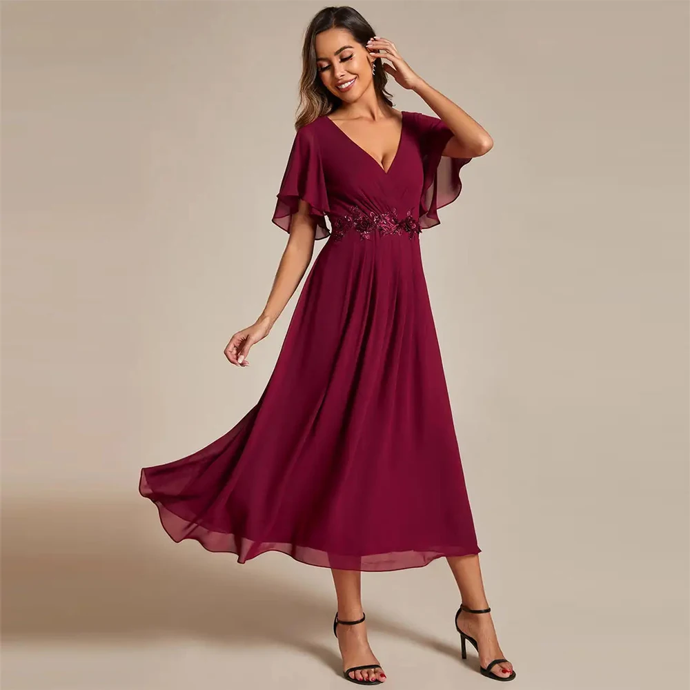 BAZIIINGAAA Party Dress Applique V Neck Tea Length Wedding Guest Dress With Short Sleeves Evening dress
