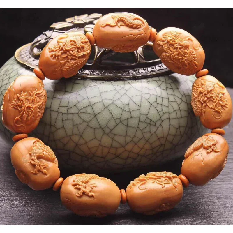 Olive Nut Stone Surprise Handmade Carved Dragon Bracelet Crafts