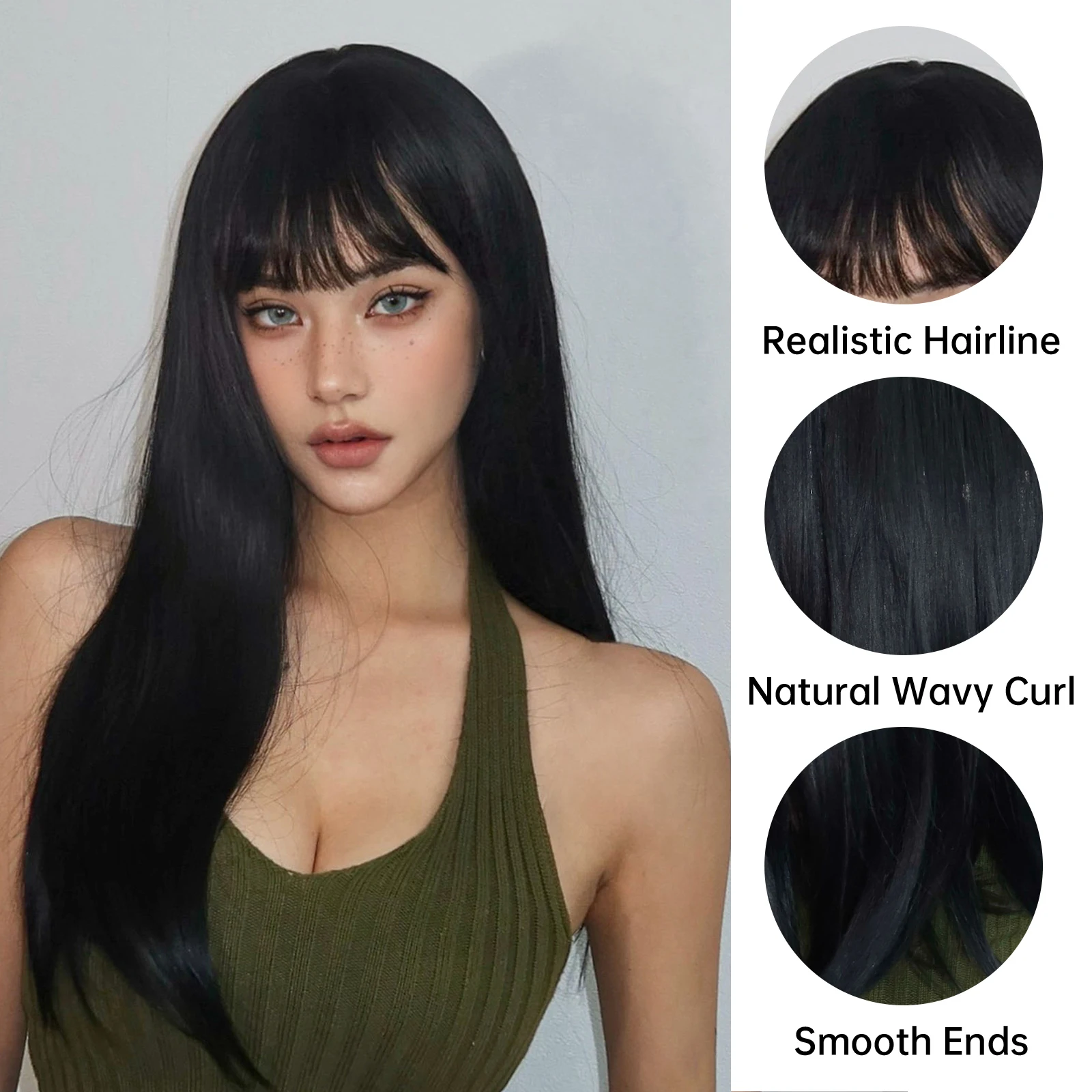 Long Straight Natural Black Synthetic Wigs with Bangs for Women Afro Cosplay Party Daily Black Hair Wig Heat Resistant Dark Wig