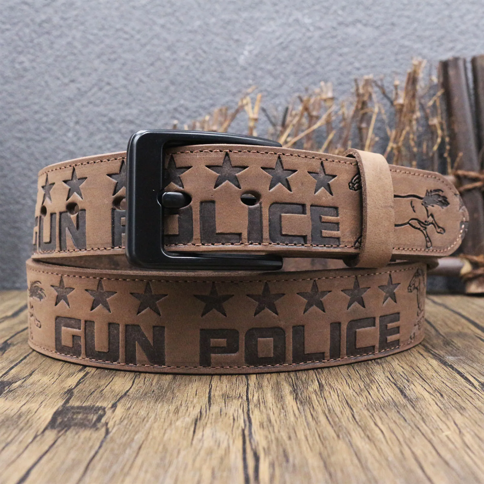 Top Grain Crazy Horse Leather Pin Buckle Belt Vintage Hand Tooled Floral Emboss Antique Metal Buckle Shell Cowhide Anti Scratch