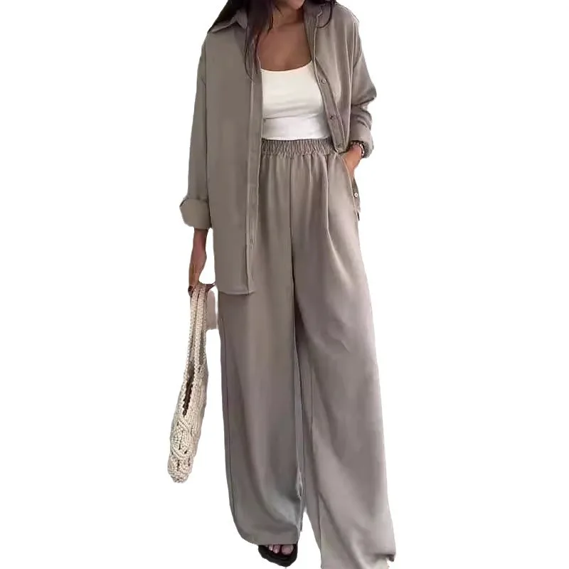 Women Long Sve Collar Button up Faionable Pure Color Loose Tops And Wide Leg Pants Casual Two Piece Set for Young