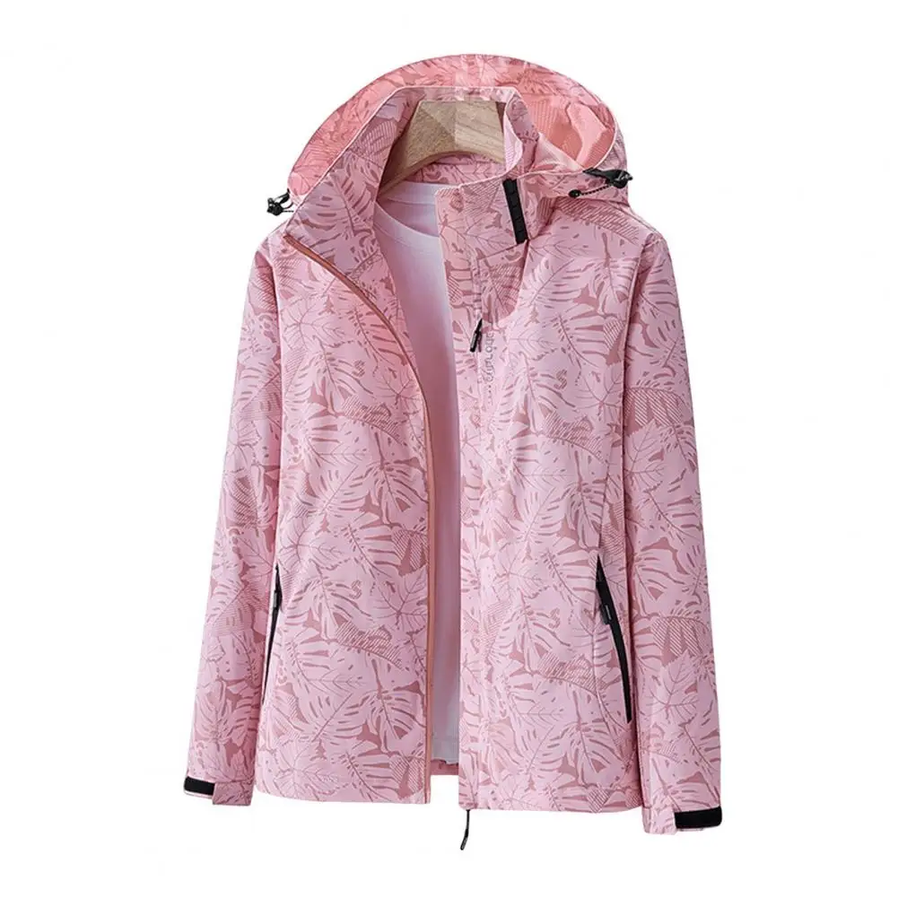 

Women's Hood Jacket Maple Leaves Print Jacket with Detachable Hood Pockets Coat Outwear for Long Sleeve Zipper