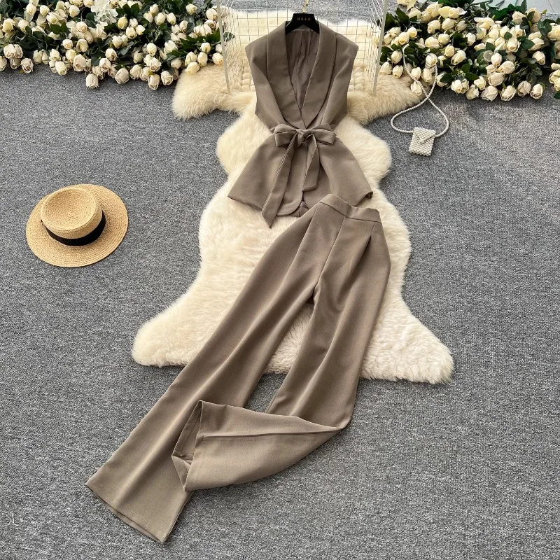 

SuperAem Summer OL Women's High-end Strap Waist Sleeveless Suit Top High-waisted Wide-leg Straight-leg Pants