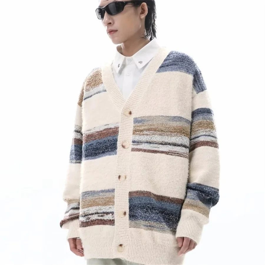 

2026 New Trend Men's Knitted Cardigan Striped Sweater Casual V-neck Sweatercoat for Men Clothing Button Down Streetwear Knitwear