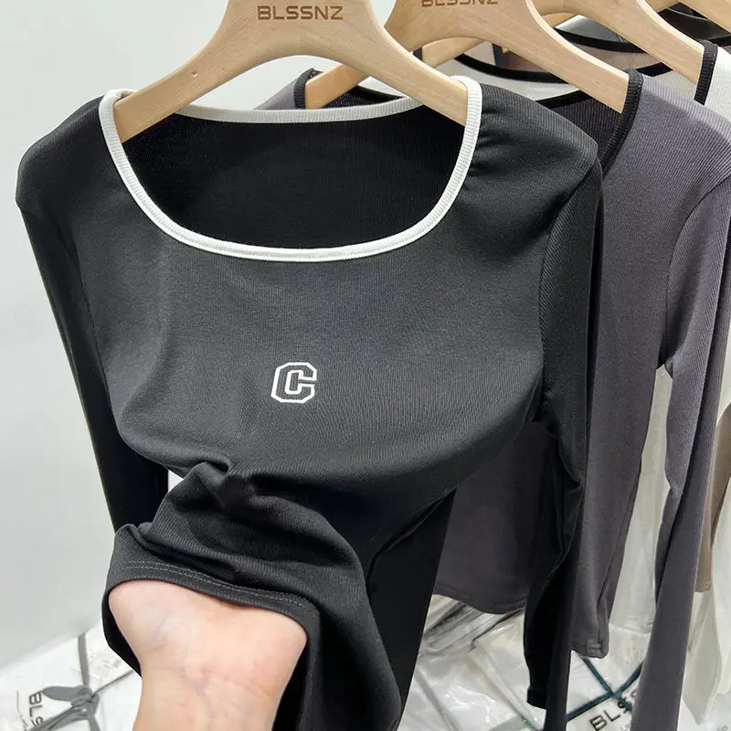

Embroidery Contrast Patchwork Fashion Tops Spring Autumn Long Sleeve Loose Simplicity Casual T Shirts Lazy Trend Women Clothing