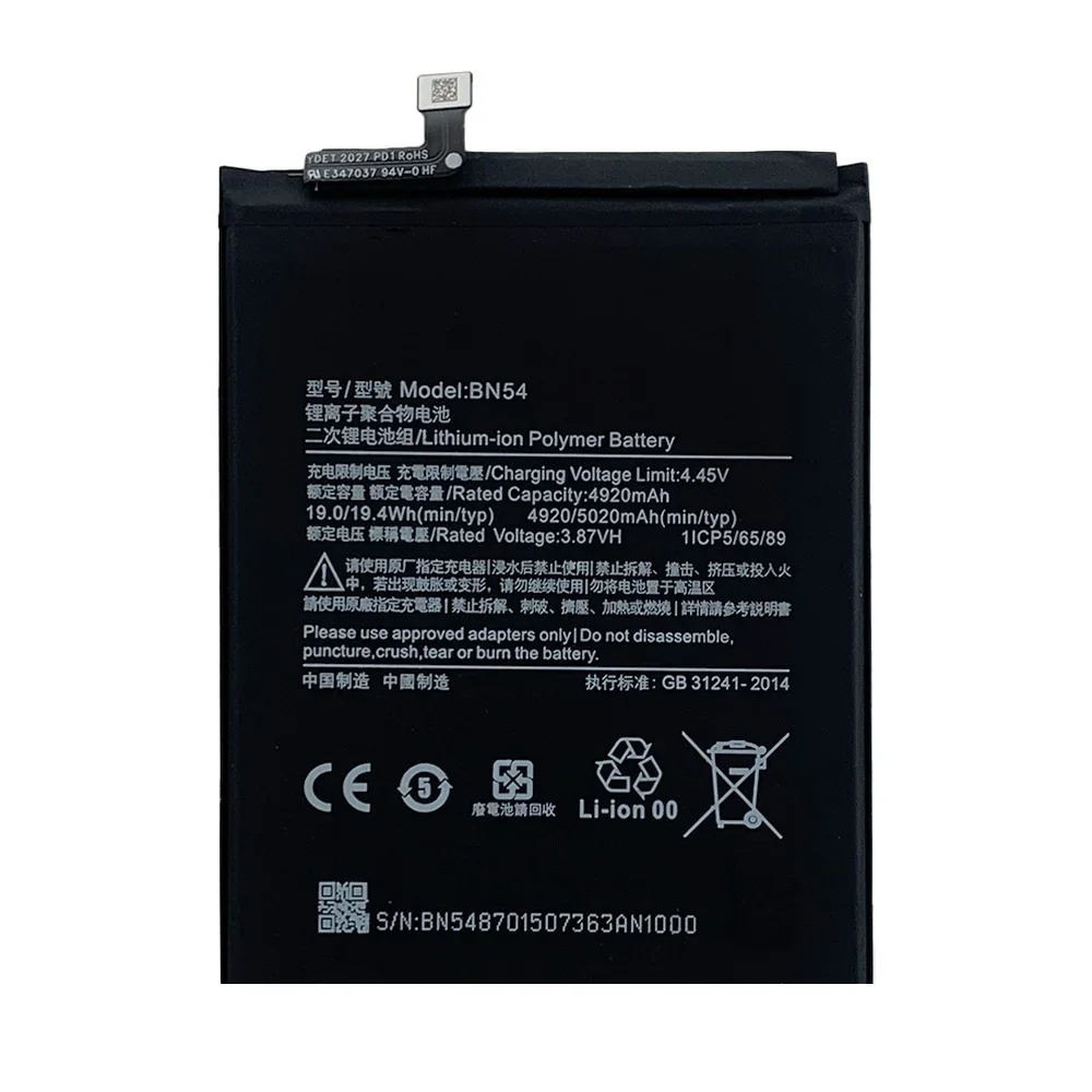 Phone Battery BN54 For XIAOMI Redmi Note 9 BN54 5020mAh Replace 3.85V Lithium-ion Polymer Battery + tools