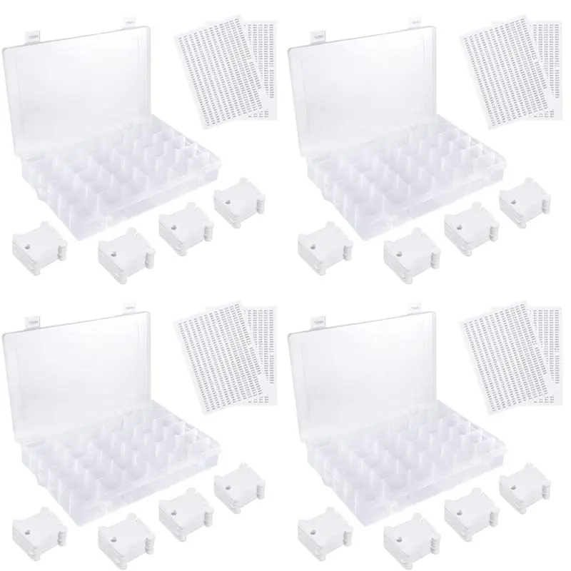A20F-4X 36 Grids Plastic Embroidery Floss Organizer Box & 200 Floss Bobbins & 8PCS Floss Number Stickers For Sewing Storage