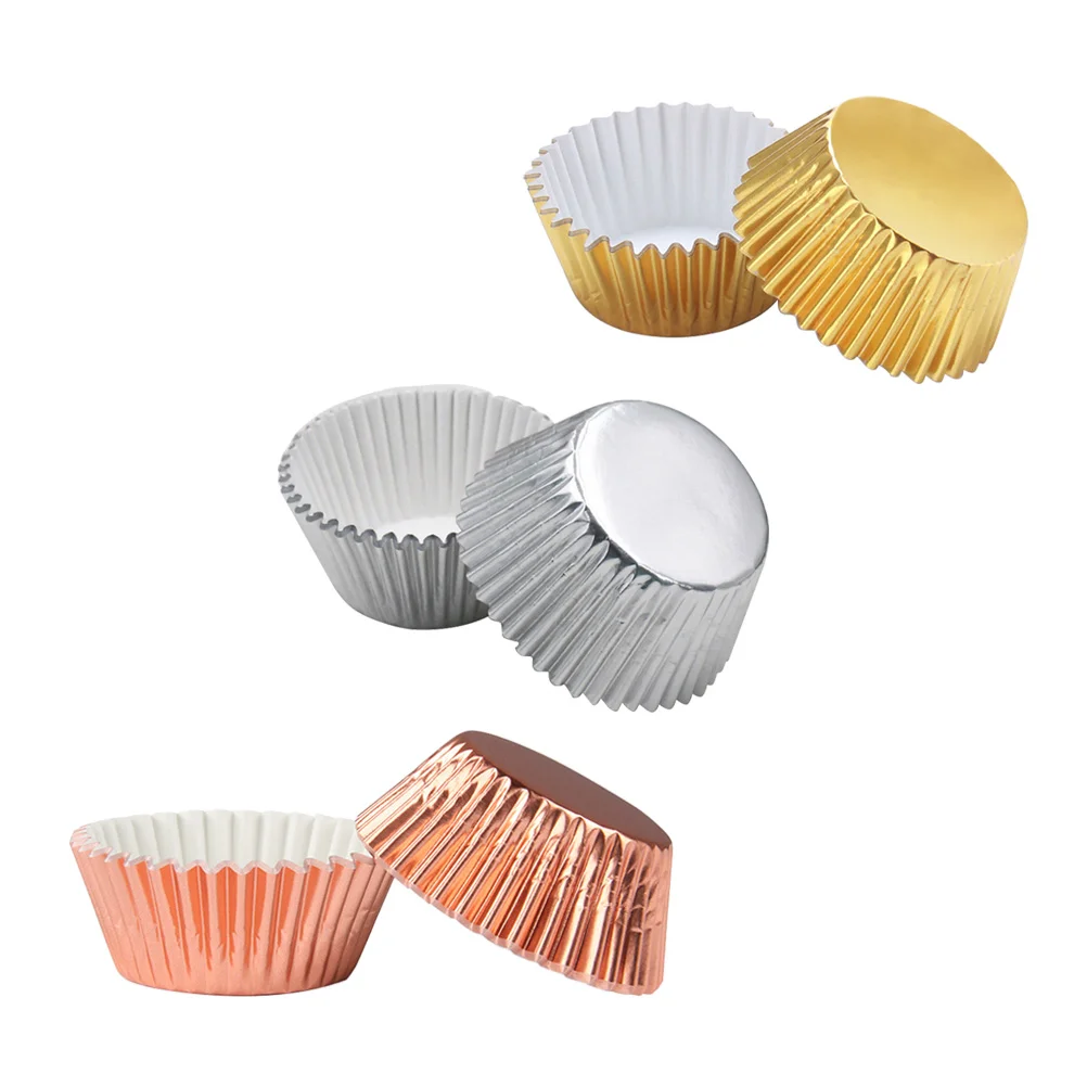 

300PCS Thickened Aluminum Foil Cups Cupcake Liners Cake Muffin Molds for Baking (Light Golden, Silver, Rose Gold)