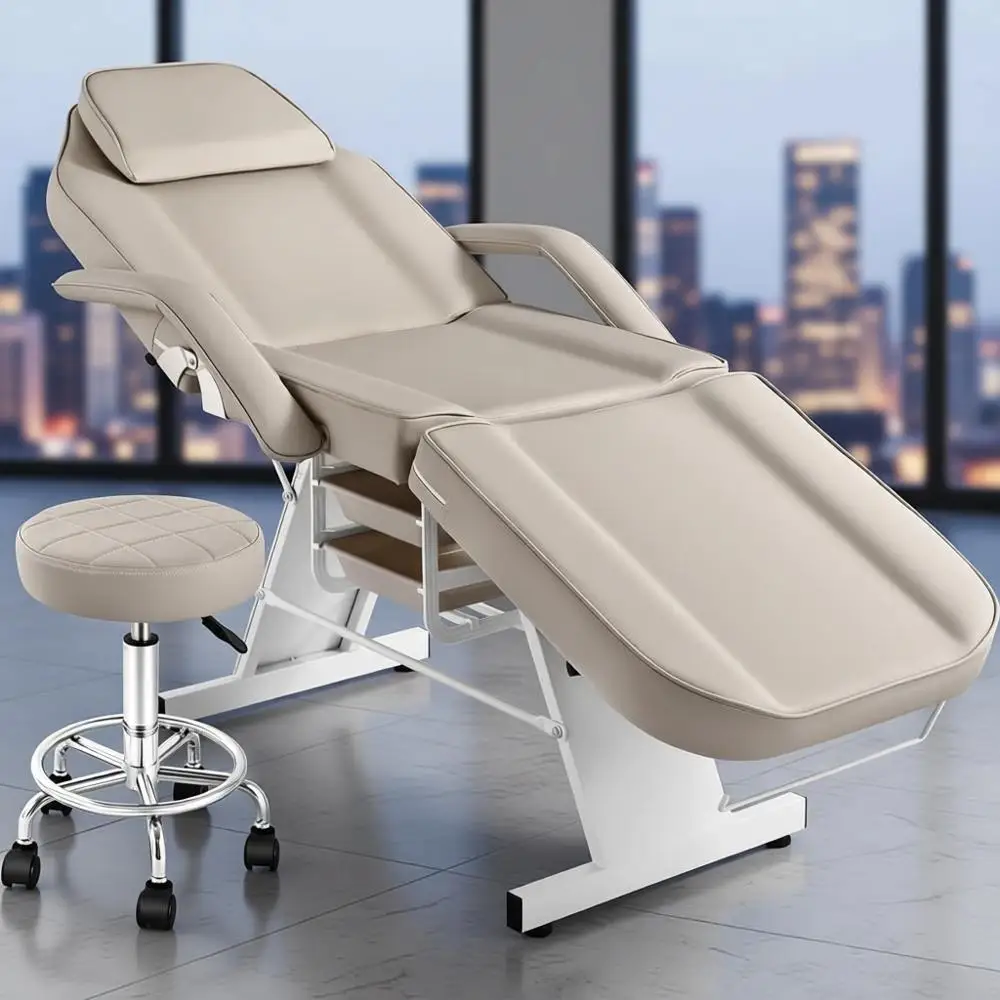 

Adjustable Tattoo Chair with Removable Armrests, Facial Lash Bed, and 2-Tray Beauty Equipment Set in Grey