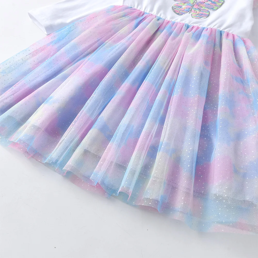 فساتين VIKITA للفتيات بأكمام طويلة للخريف والربيع للأطفال فساتين شبكية ملونة مزينة بالترتر على شكل فراشة لامعة متدرجة للأميرة #4