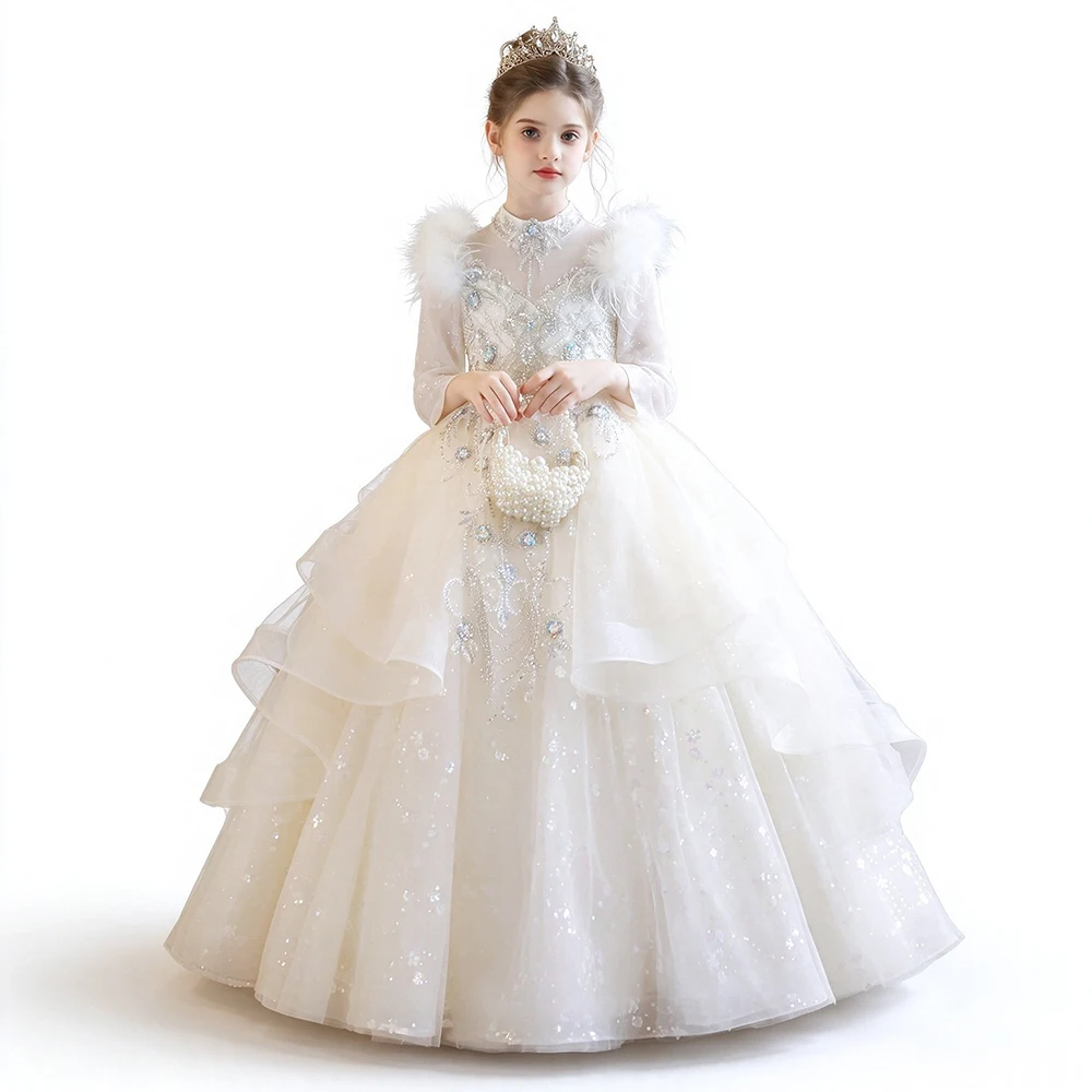 Vestido de fiesta de lujo para niñas, ideal para concursos de belleza, bodas, como vestido de dama de honor, con mangas largas translúcidas, detalles de plumas, tul y volantes, para fiestas de cumpleaños y bailes de graduación.