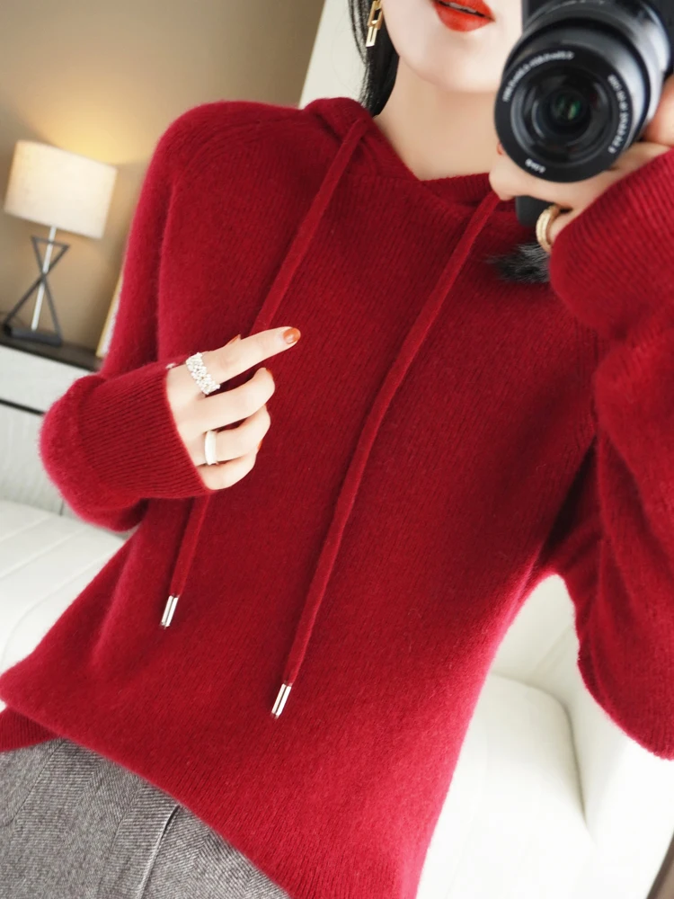 หมวกไหมพรมถักทรงโอเวอร์ไซส์สำหรับผู้หญิง ฤดูใบไม้ร่วง ฤดูหนาว เนื้อผ้านุ่ม สวมใส่สบาย อุ่นสบาย สไตล์ลำลอง แขนยาว มีฮู้ด