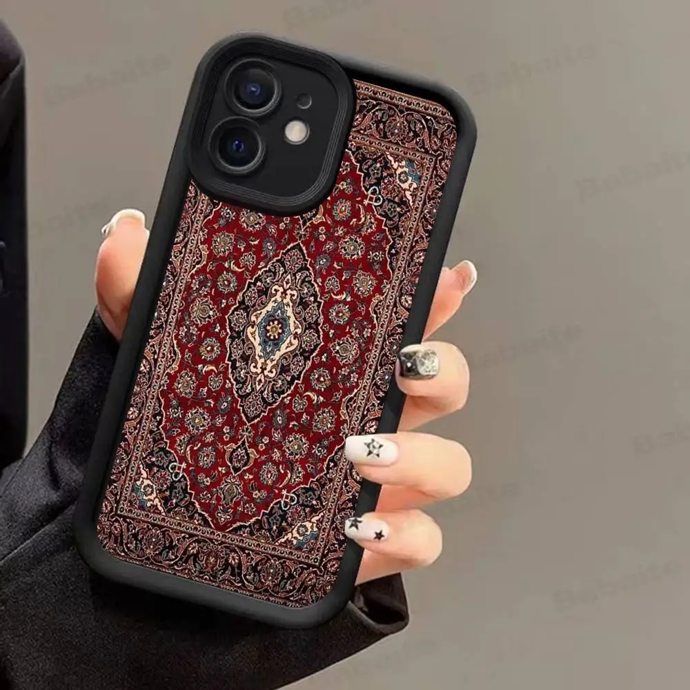 السجاد الفارسي الأزهار نمط جراب هاتف آيفون 17 16 15 14 13 12 11 برو ماكس زائد الأسود التغطية الكاملة لينة غطاء مقاوم للصدمات