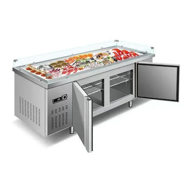 Custom supermarket fast food salad  meat fresh-keeping frozen display stainless steel ice table