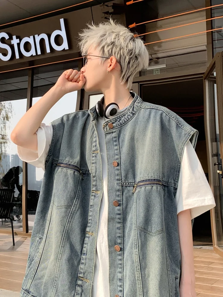 

Retro American Denim Vest Men's Faion Workwear Stand Collar Svel Jaet Trendy oulder Pad Vest Top Youth Casual