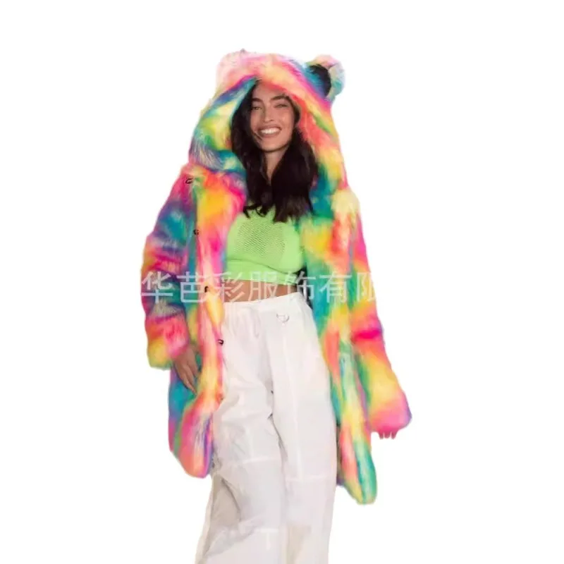 Women's Autumn/Winter Top Coat Faux Fur Hooded Bright Color Simple Comfortable Loose Casual Design Fashion Soft Niche Versatile