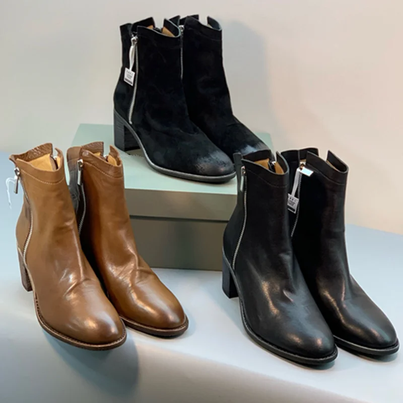 

Maxdutti British Zipper Chelsea Chimney Thick Soled Ankle Boots Minimalist Genuine Leather Boots Autumn Winter Women's Boots