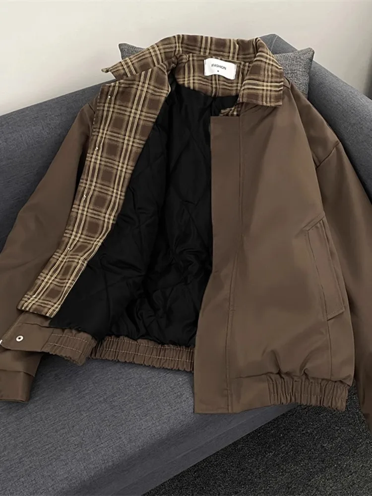 

Винтажная коричневая рабочая куртка для мужчин, весенне-осенняя, в американском ретро-стиле, с клетчатым воротником, модный брендовый топ из полиэфирного волокна